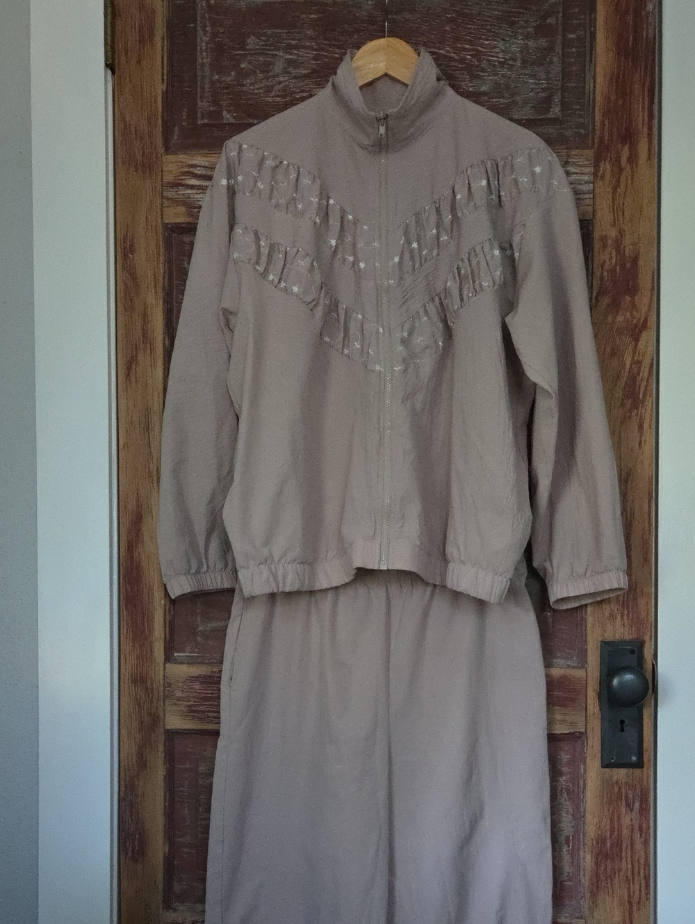Vintage 90's Teddi Track Suit Set - Taupe With White Floral Detail